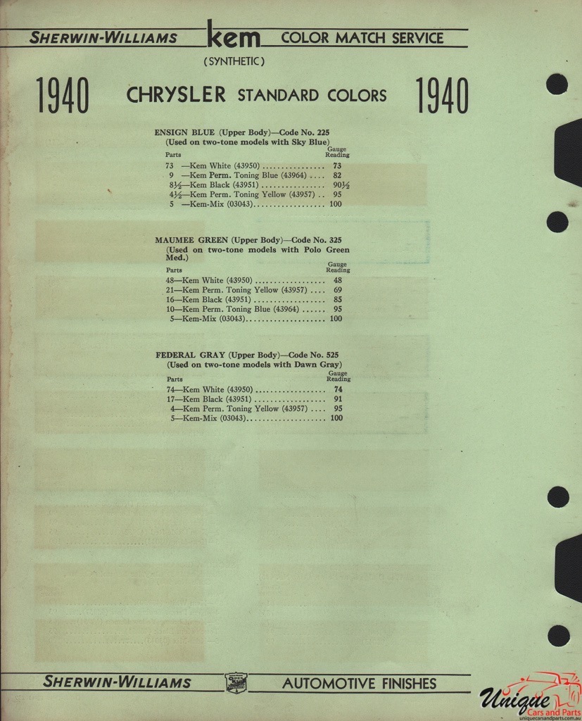 1940 Chrysler Paint Charts Williams 5